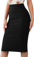 Women’s Basic Stretch Pencil Skirt- Regular & Plus Size- Below Knee Office Midi Bodycon Nylon Skirt Made in USA