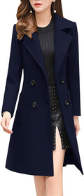 Women Elegant Notched Collar Double Breasted Wool Blend Over Coat