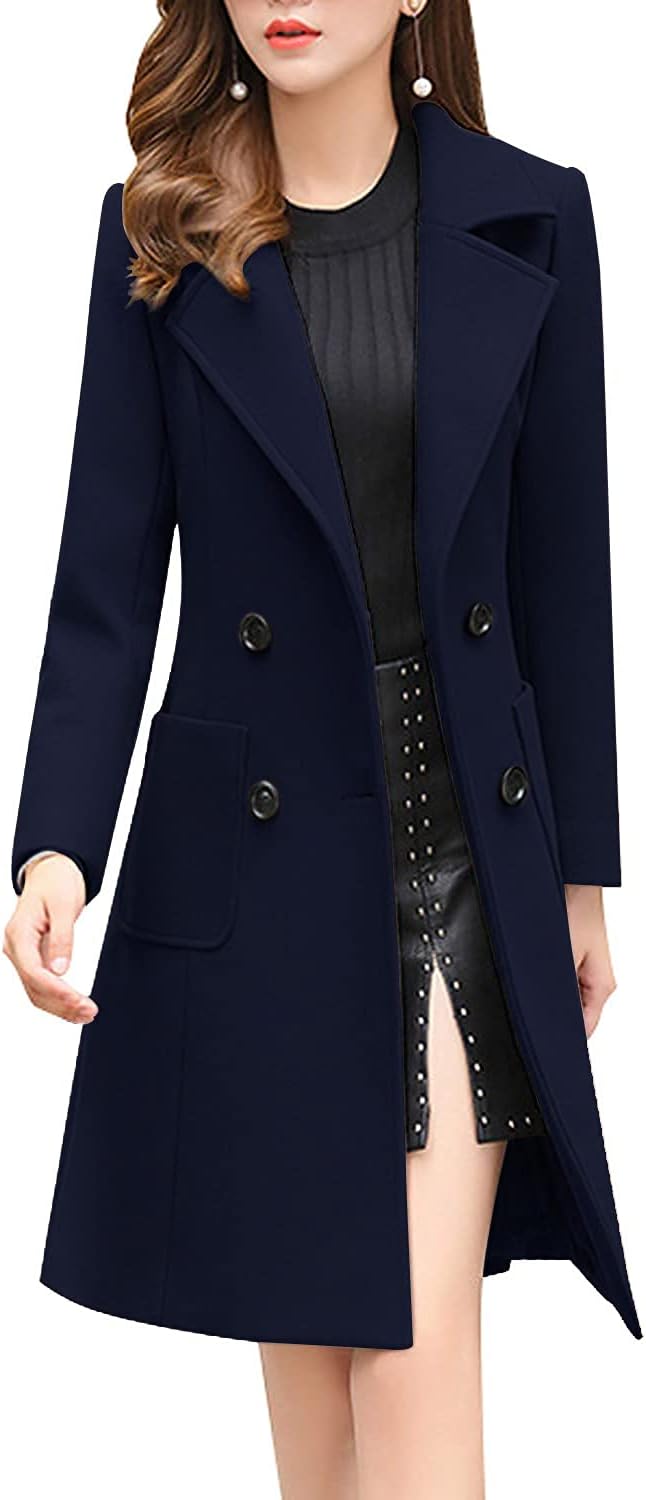 Women Elegant Notched Collar Double Breasted Wool Blend Over Coat