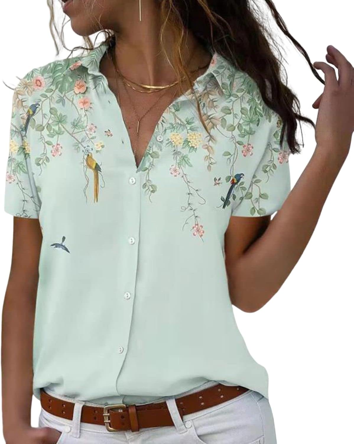 Floral Tops for Women Summer Flower Printed V Neck Tshirts Short Sleeve Tops Dressy Casual