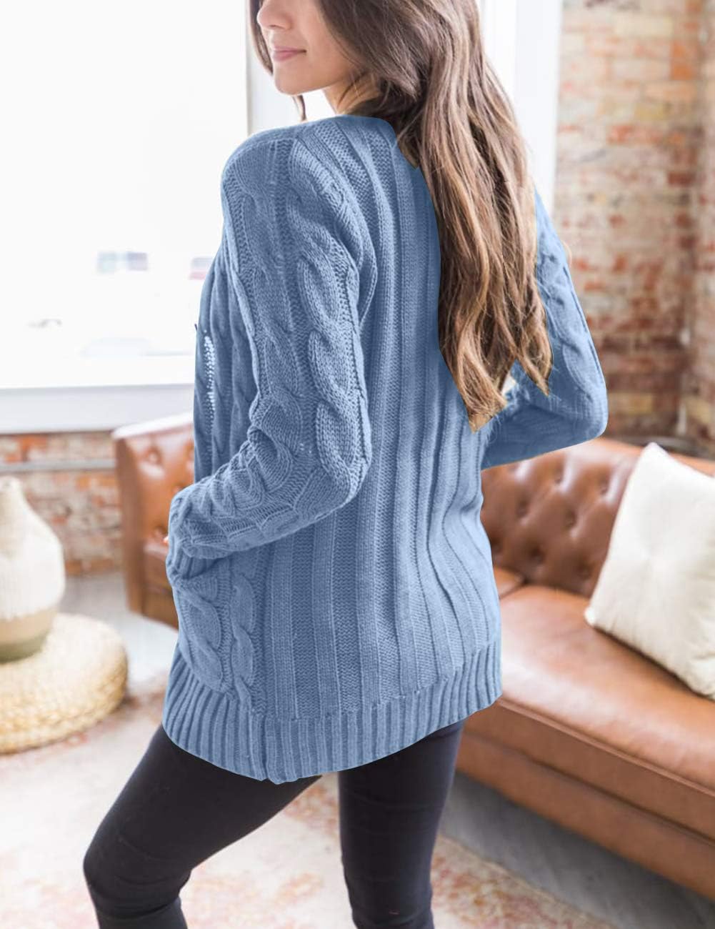 Women 2024 Fall Long Sleeve Cable Knit Sweater Open Front Cardigan Button Loose Outerwear