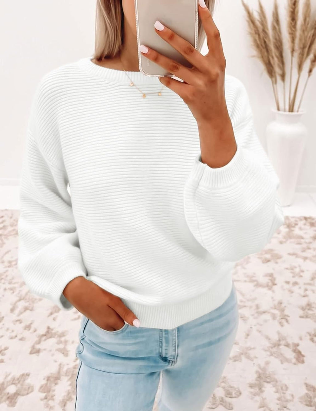Women 2024 Crew Neck Long Lantern Sleeve Casual Loose Ribbed Knit Solid Soft Pullover Sweater Tops