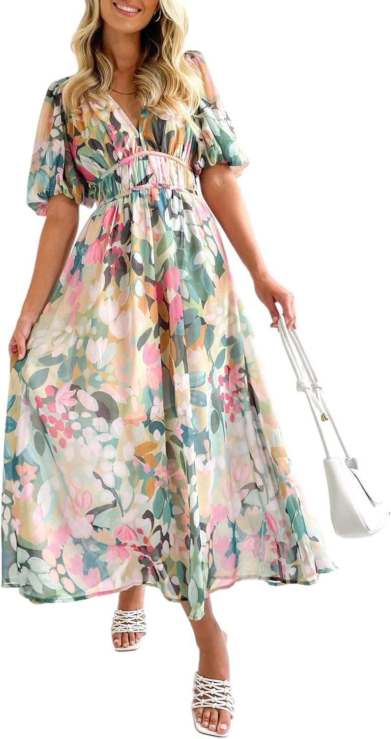 Women Boho Floral Print Midi Dress Short Sleeve Summer Long Dress