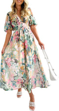 Women Boho Floral Print Midi Dress Short Sleeve Summer Long Dress