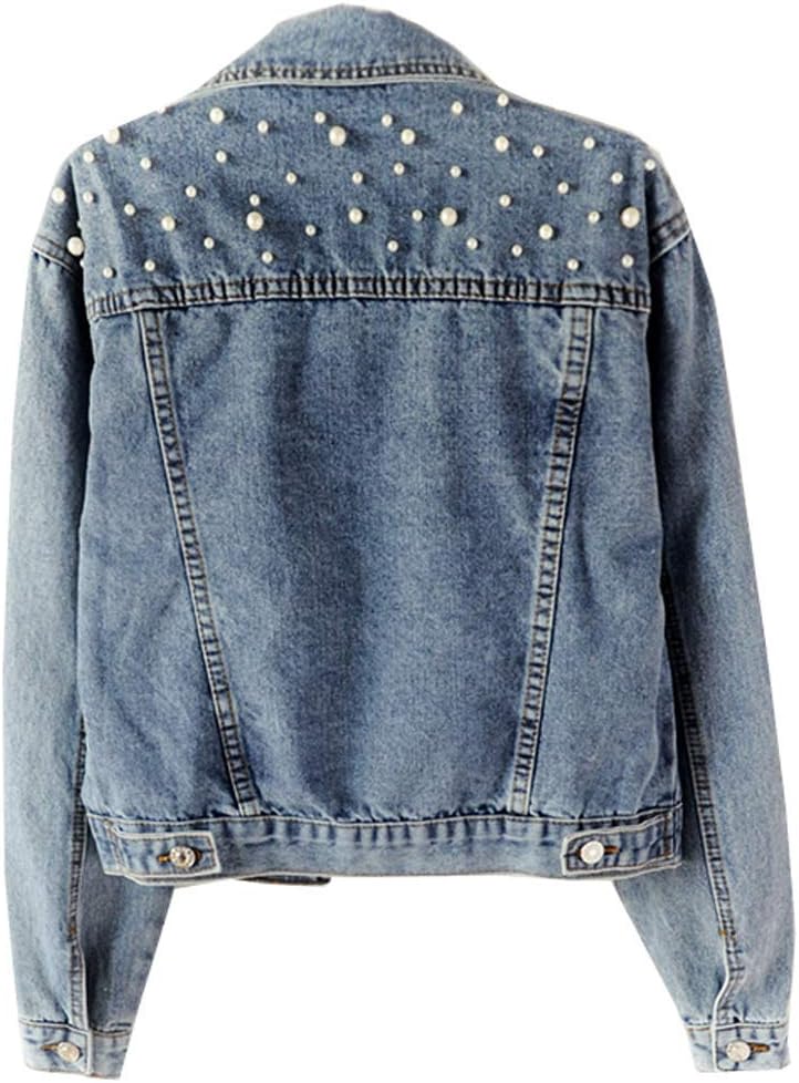 Women Oversized Denim Jacket Embroidered Pearls Beading Jeans Coat