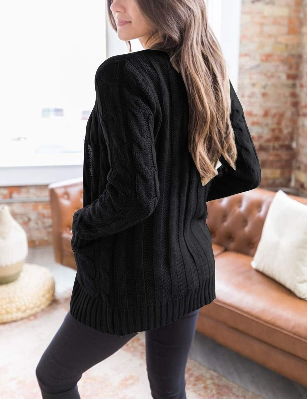 Women 2024 Fall Long Sleeve Cable Knit Sweater Open Front Cardigan Button Loose Outerwear