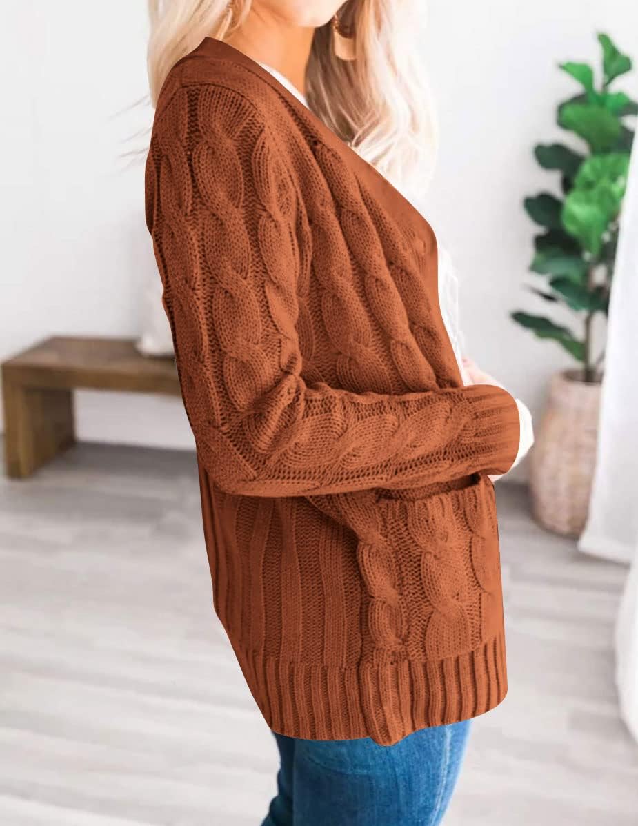 Women 2024 Fall Long Sleeve Cable Knit Sweater Open Front Cardigan Button Loose Outerwear