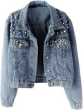 Women Oversized Denim Jacket Embroidered Pearls Beading Jeans Coat