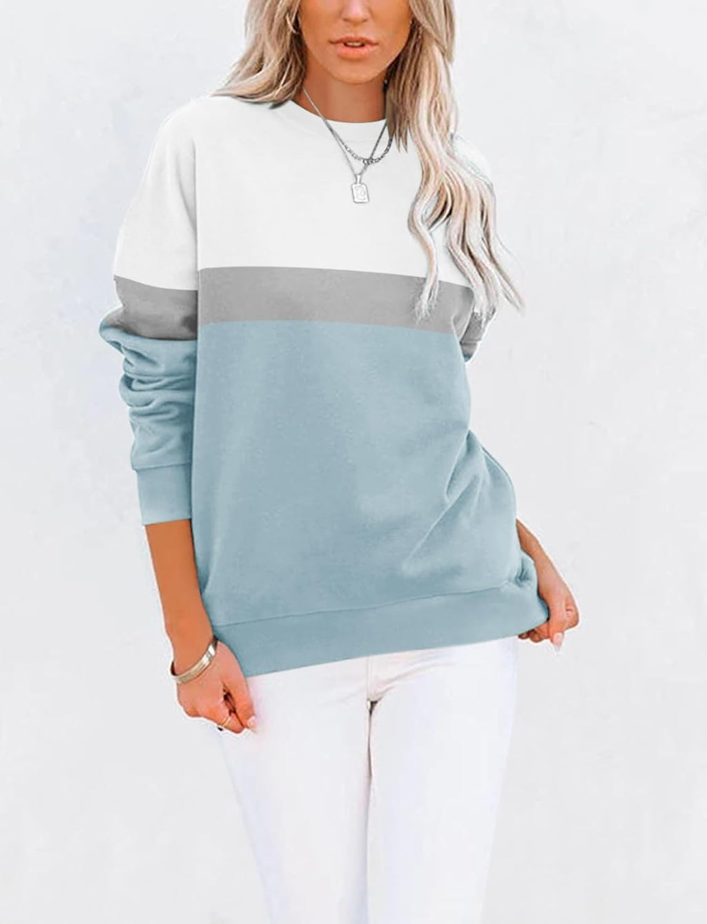 Women Casual Long Sve Color Block/Solid Tops Crewneck Sweatshirts Cute Loose Fit Pullover with Pockets