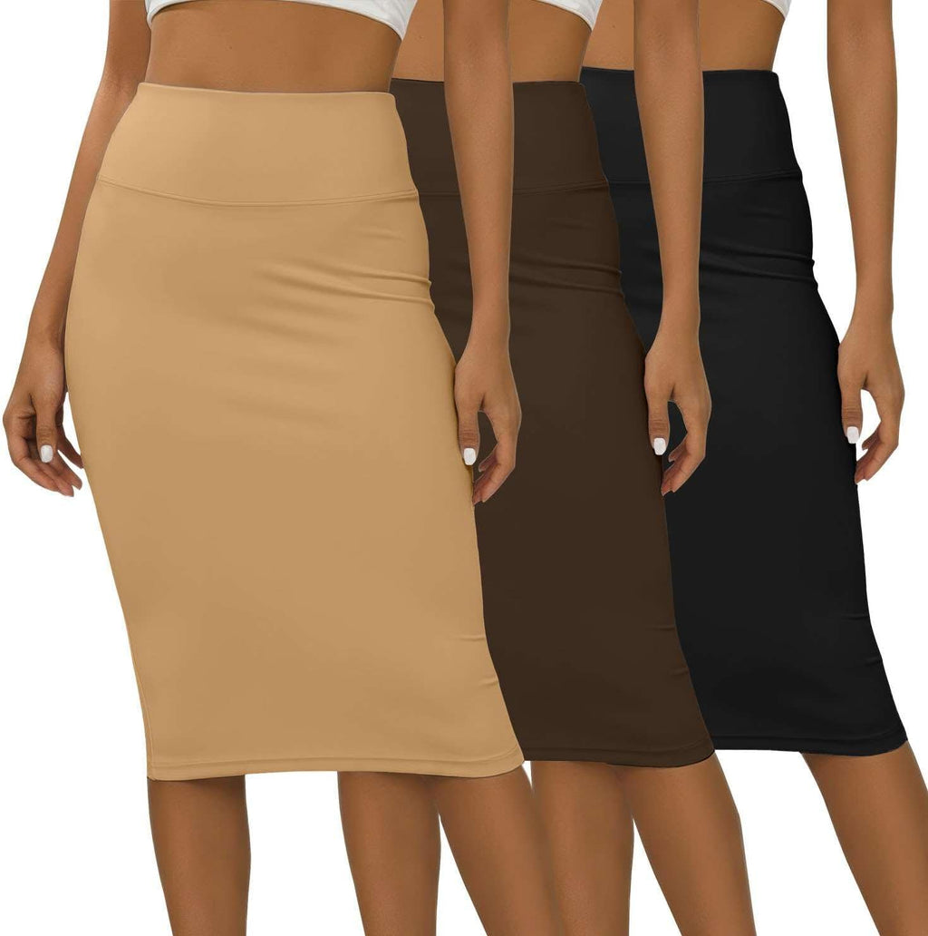 3 Pack: Women Soft Midi Skirt – High Waisted Pencil Work Office Business Casual Skirts with Back Slit Plus