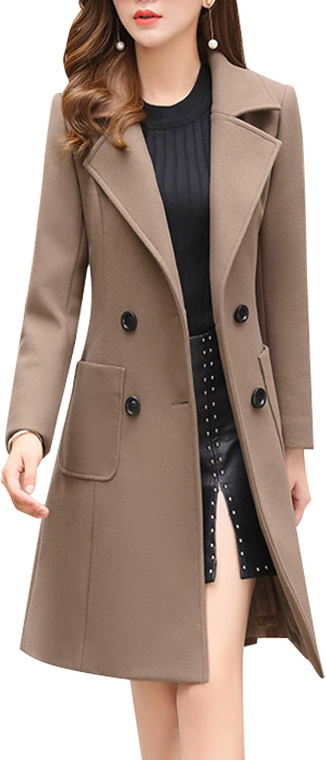 Women Elegant Notched Collar Double Breasted Wool Blend Over Coat