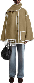 Women Winter Wool Coats Embroidered Button Down Woolen Blend Trench Coat with Tassel Scarf
