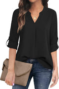 Women Casual Chiffon V Neck 3/4 Sve Blouse Tops