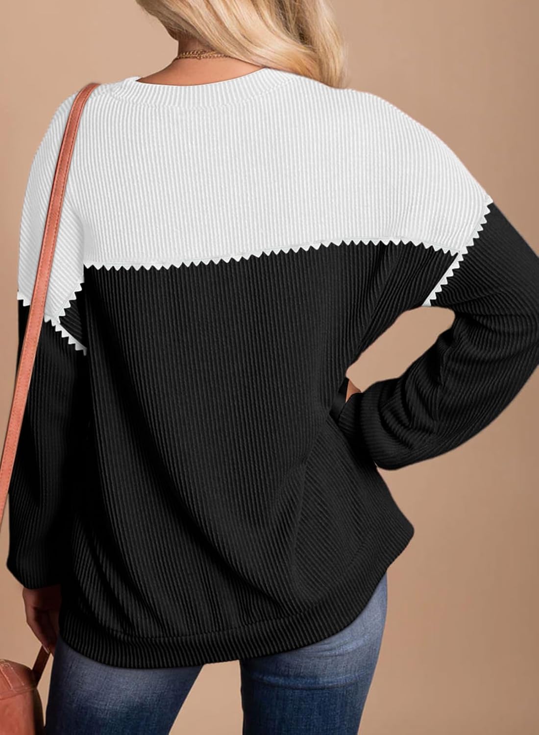 Women Fashion 2024 Color Block Long Sleeve Crewneck Knitted Casual Loose Pullover Shirts Tops