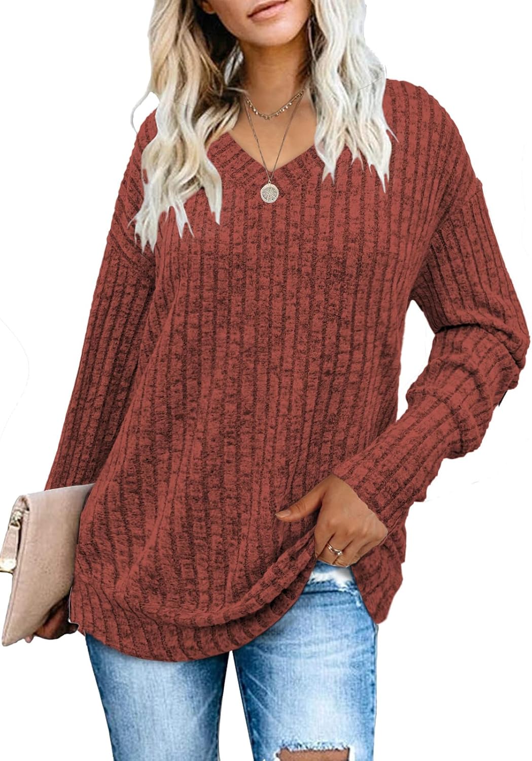 Women Sweatshirts V Neck Long Sleeve Shirts Loose Casual Fall Fashion Sweaters S-2XL