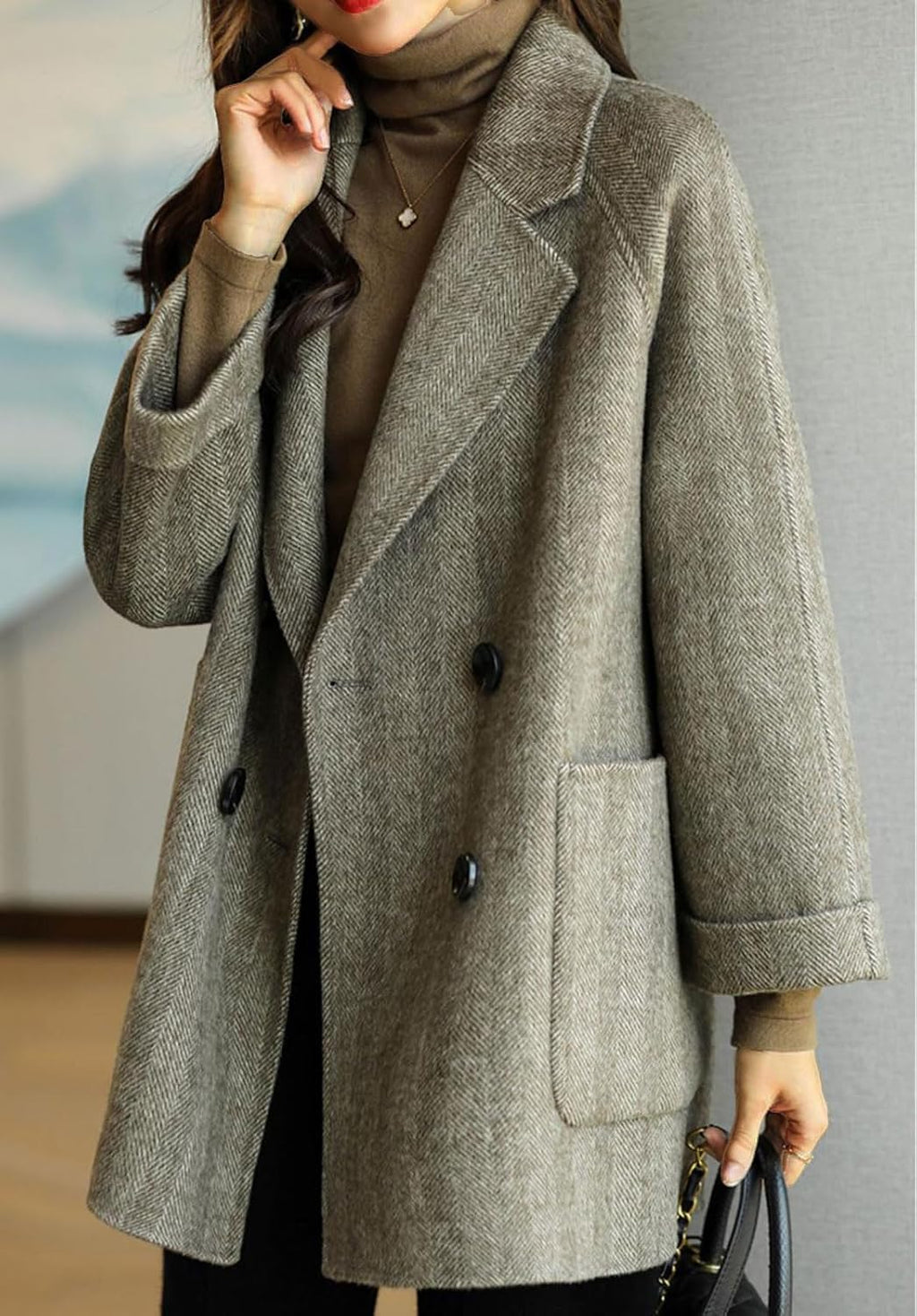 Women Wool Coat Peacoat Jacket Thick Loose Double Breasted Pea Coat Woolen Winter Overcoat