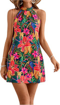 Women Sleeveless Floral Print Sundress Halter Neck A Line Short Dress