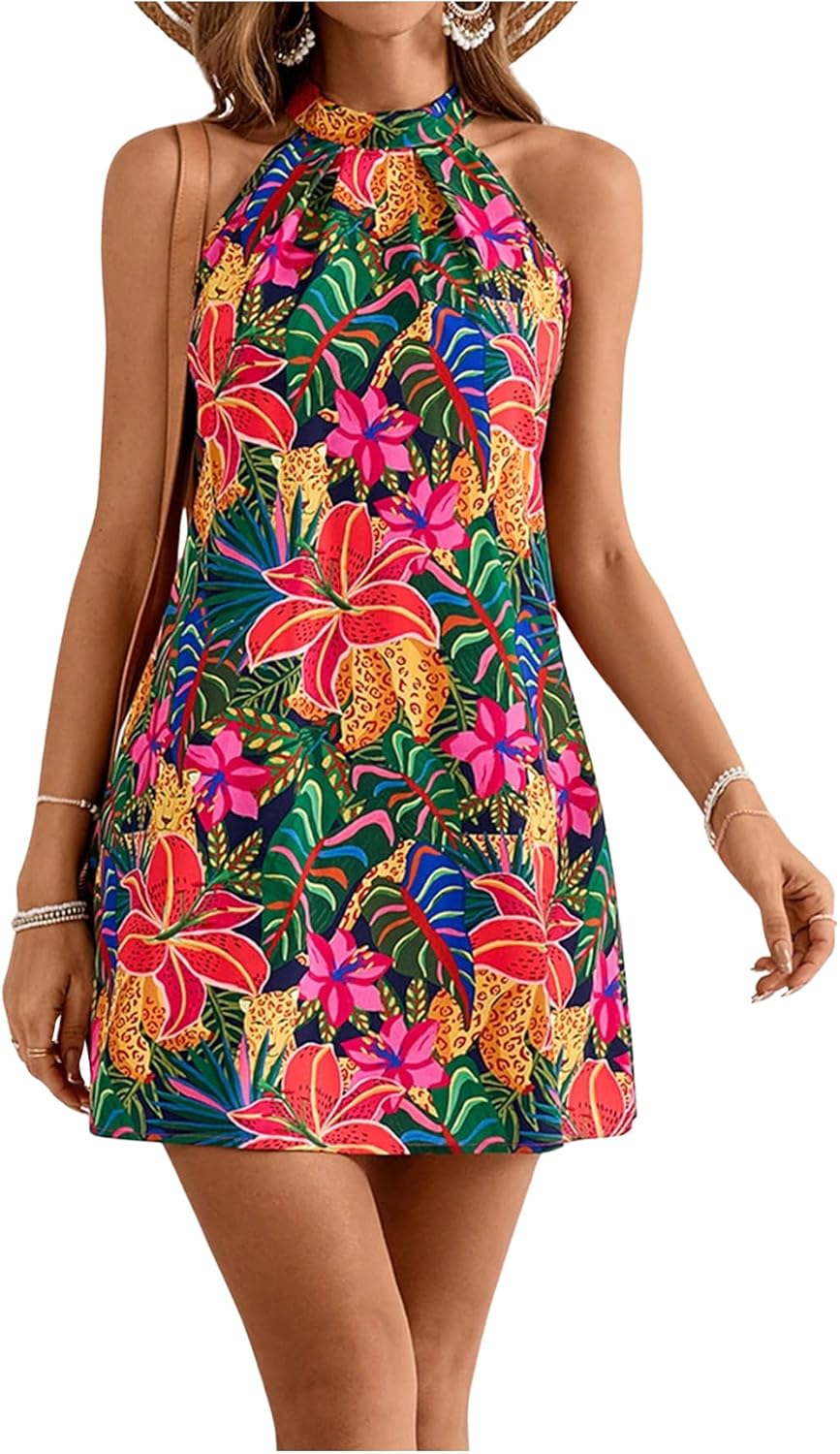 Women Sleeveless Floral Print Sundress Halter Neck A Line Short Dress