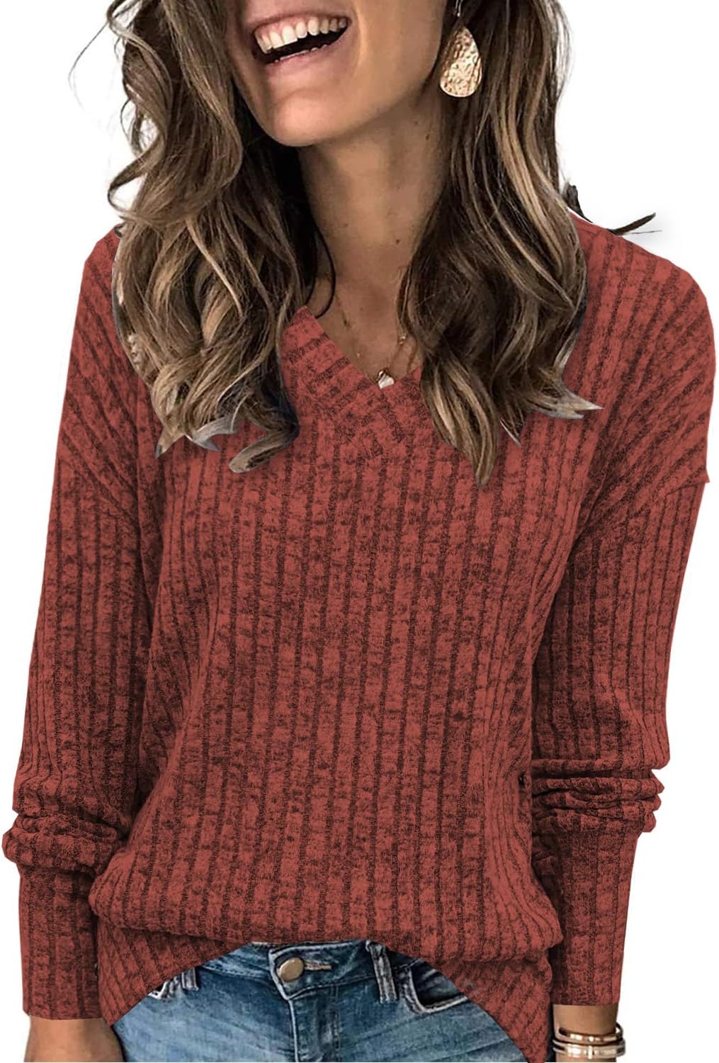 Women Sweatshirts V Neck Long Sleeve Shirts Loose Casual Fall Fashion Sweaters S-2XL