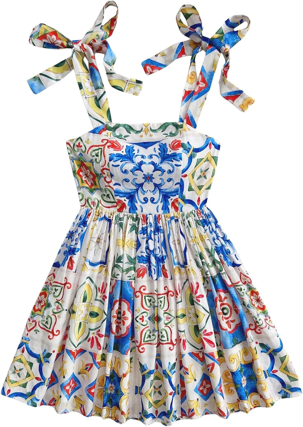 Women Summer Floral Print Tie Shoulder Cami Dress Flare Hem Boho Mini Dress