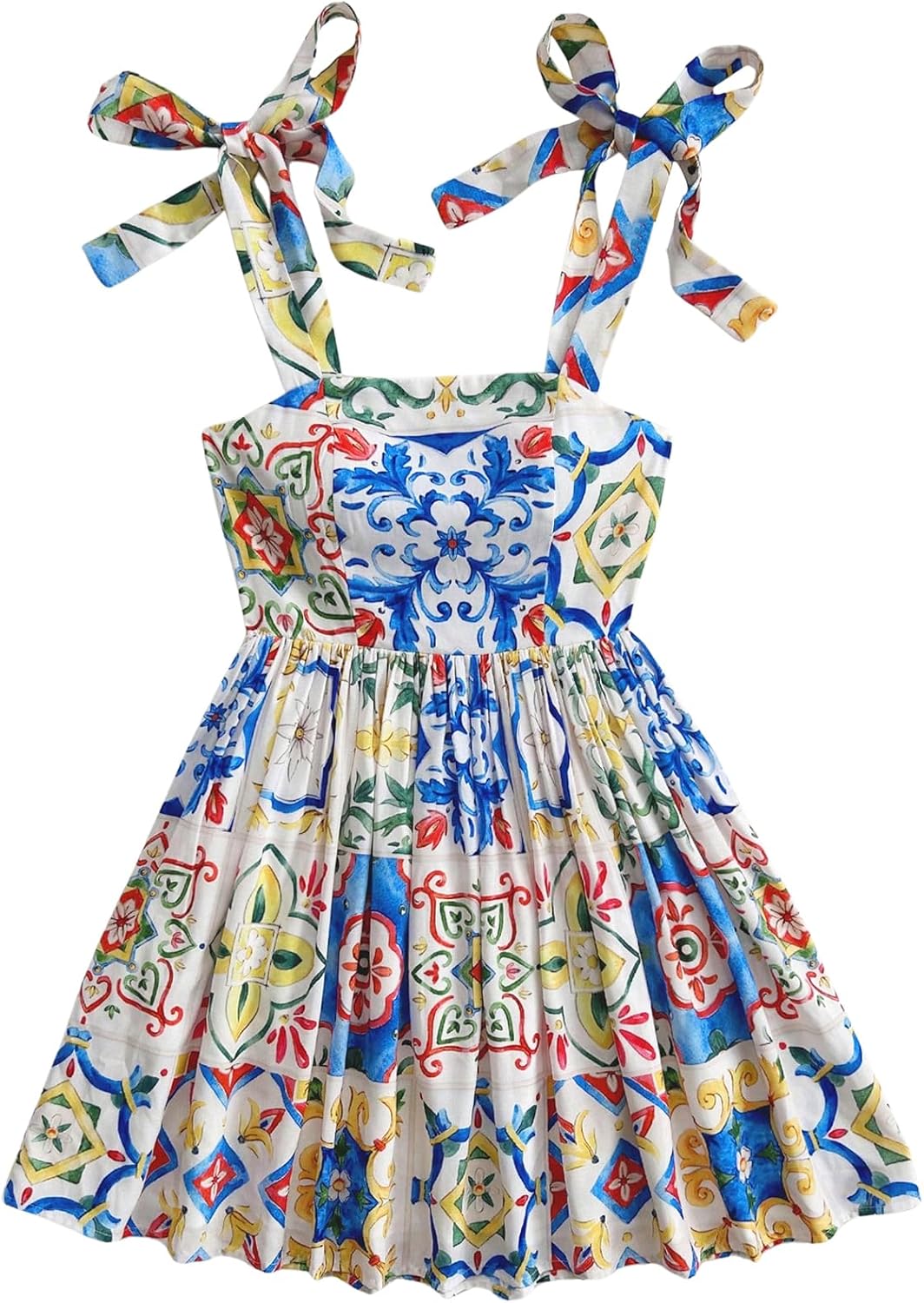 Women Summer Floral Print Tie Shoulder Cami Dress Flare Hem Boho Mini Dress