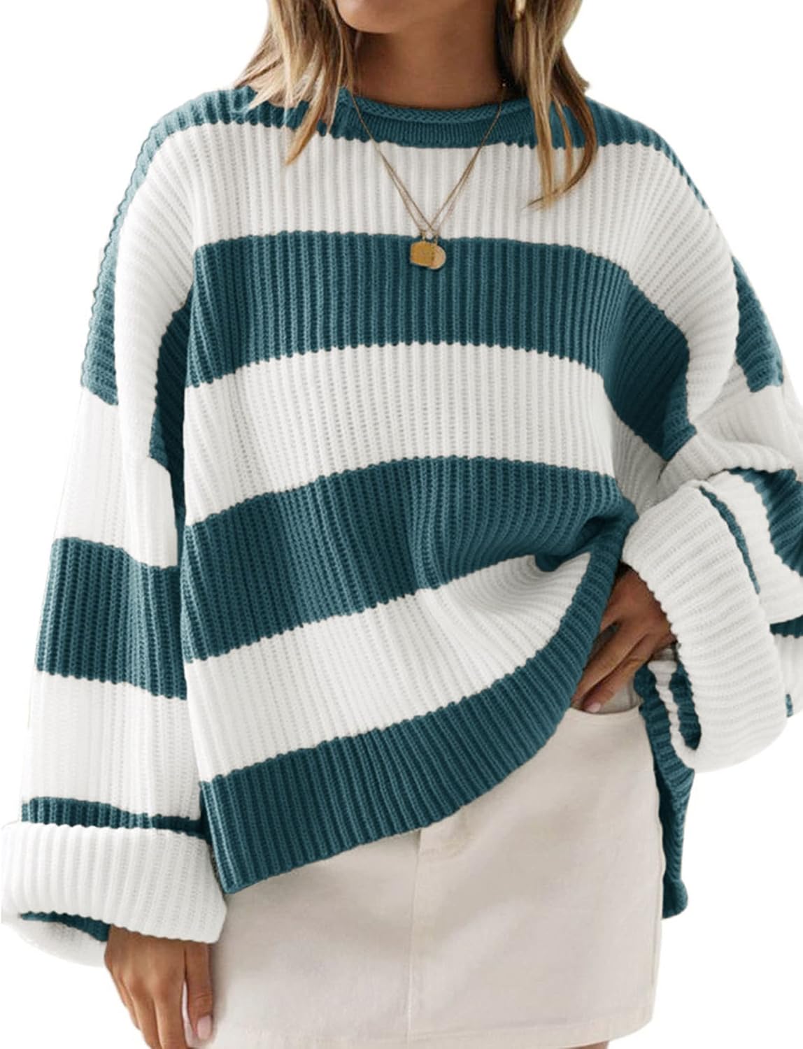 Women 2024 Fall Long Sleeve Crew Neck Striped Color Block Comfy Loose Oversized Knitted Pullover Sweater