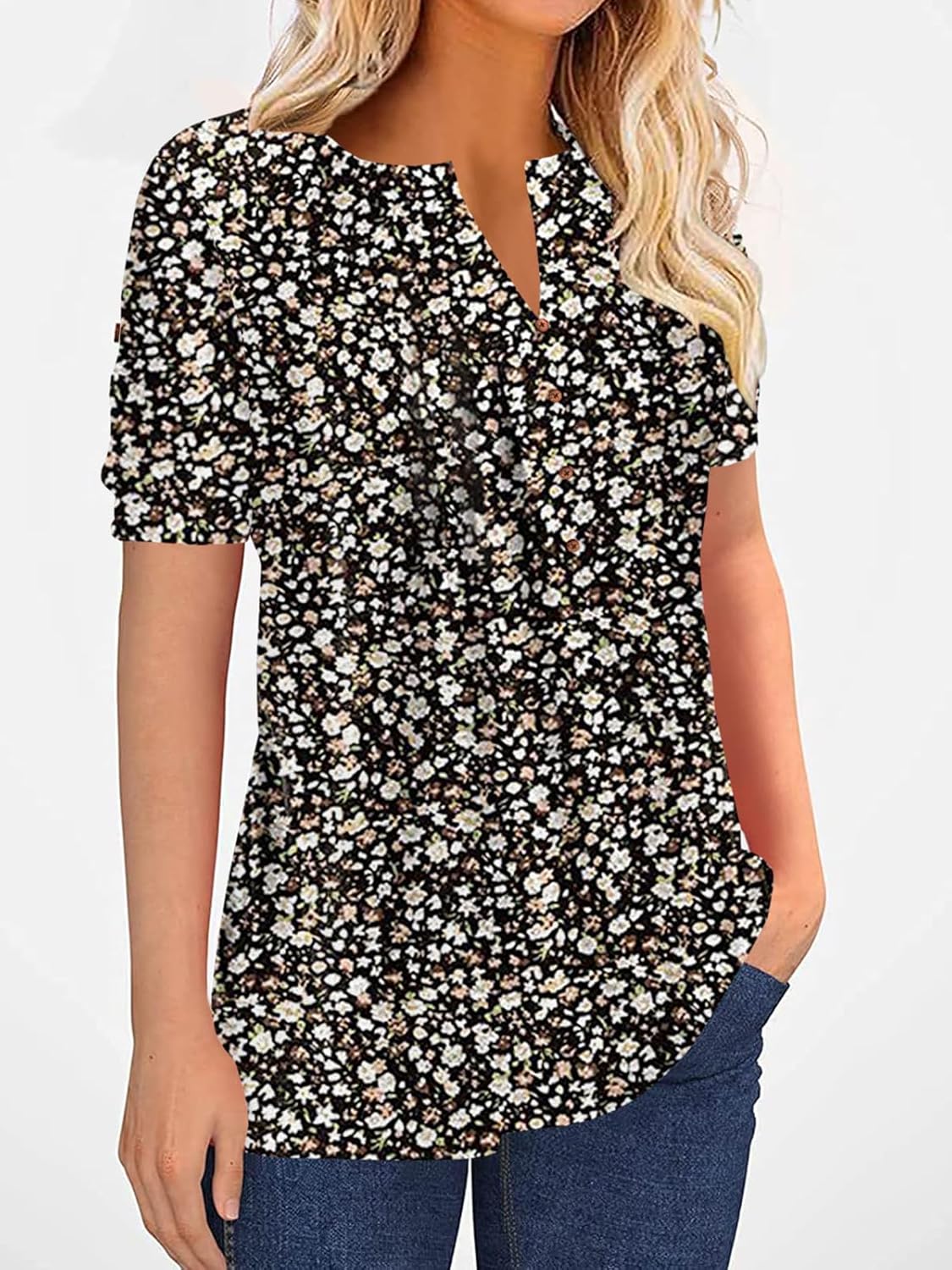 Women Zipper Summer Pleated Button Short Sleeve T-Shirt Summer V-Neck Solid Color Casual top