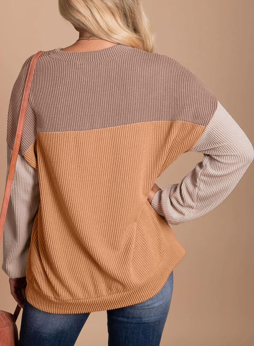 Women Fashion 2024 Color Block Long Sleeve Crewneck Knitted Casual Loose Pullover Shirts Tops