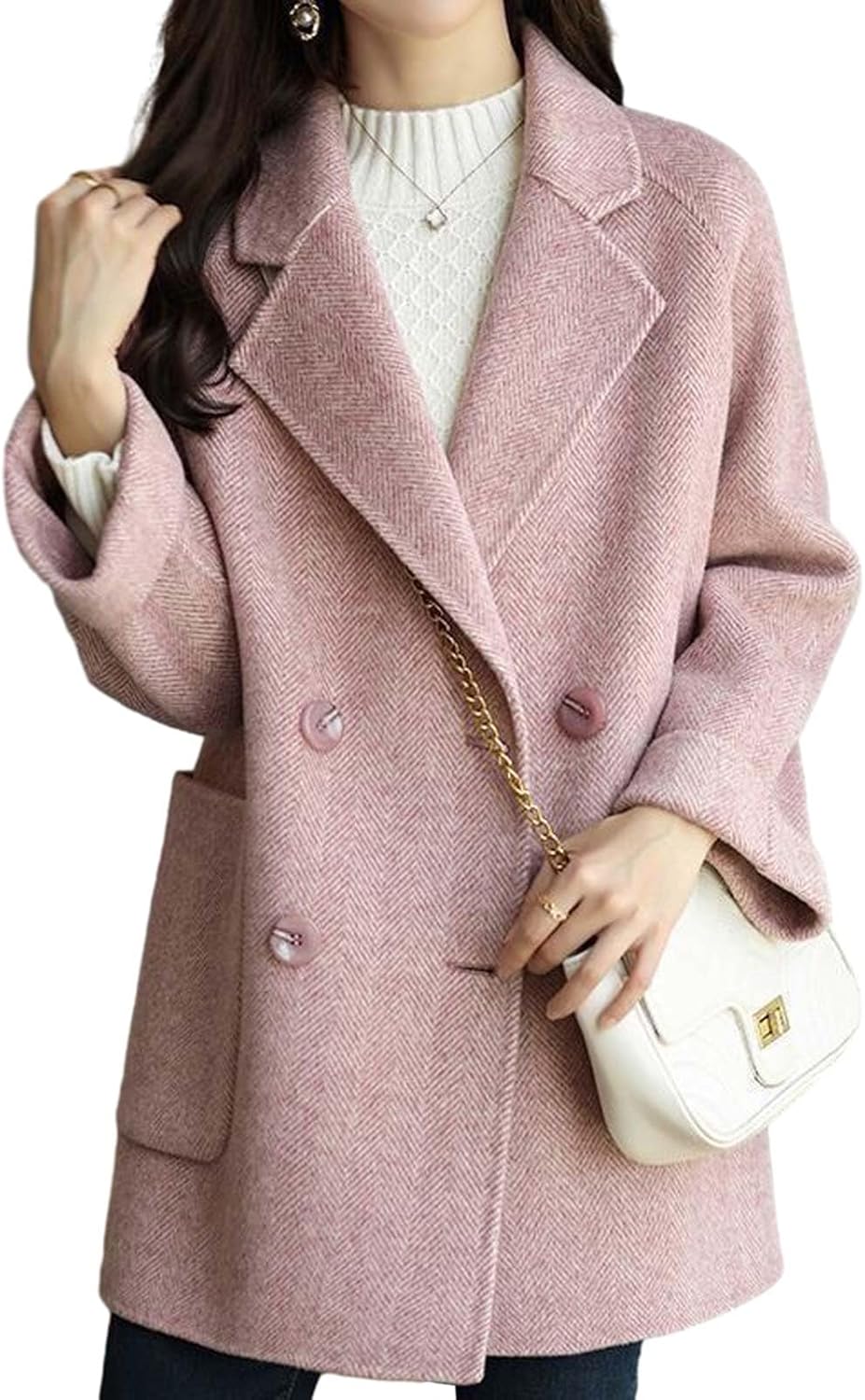 Women Wool Coat Peacoat Jacket Thick Loose Double Breasted Pea Coat Woolen Winter Overcoat