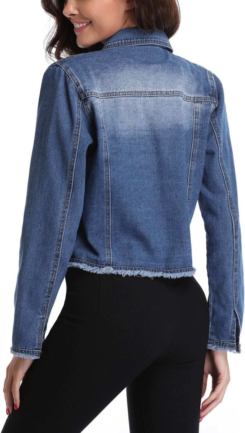 Jean Jacket Women’s Frayed Washed Button Up Cropped Denim Jacket w 2 Side Pockets