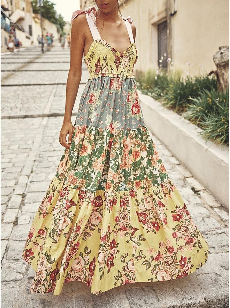 Women Floral Boho Sundress Tie Shoulder Smocked Patchwork Flowy Maxi Dresses with Pockets Summer Fall
