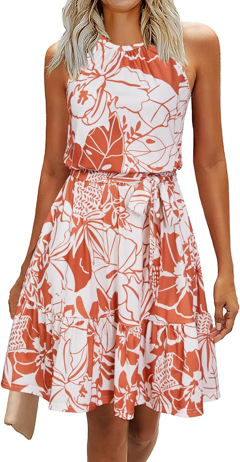 Women 2025 Summer Dress Halter Wedding Guest Casual Beach Vacation Outfits Belted Sundresses with Pockets