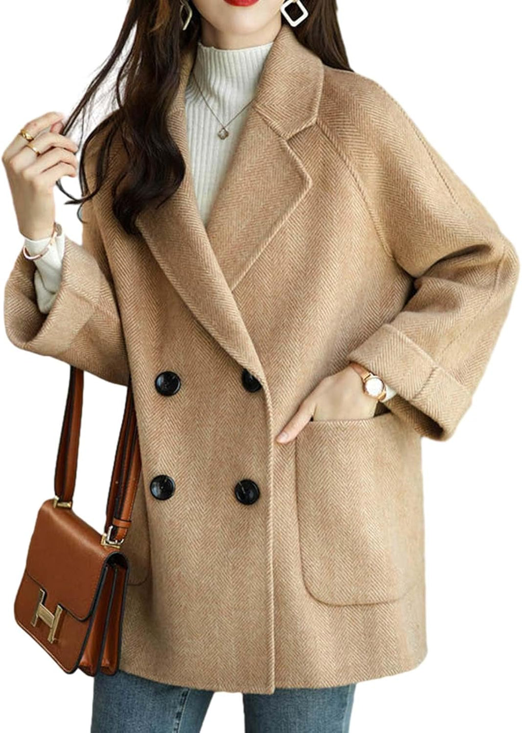 Women Wool Coat Peacoat Jacket Thick Loose Double Breasted Pea Coat Woolen Winter Overcoat