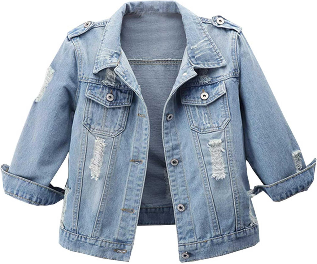 Women Autumn 3/4 Sleeve Retro Short Denim Jackets Light Blue Jean Coats