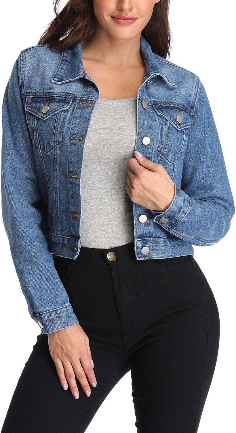 Women Denim Jackets Cropped Long Sleeve Basic Button Down Crop Jean Shacket with Pockets