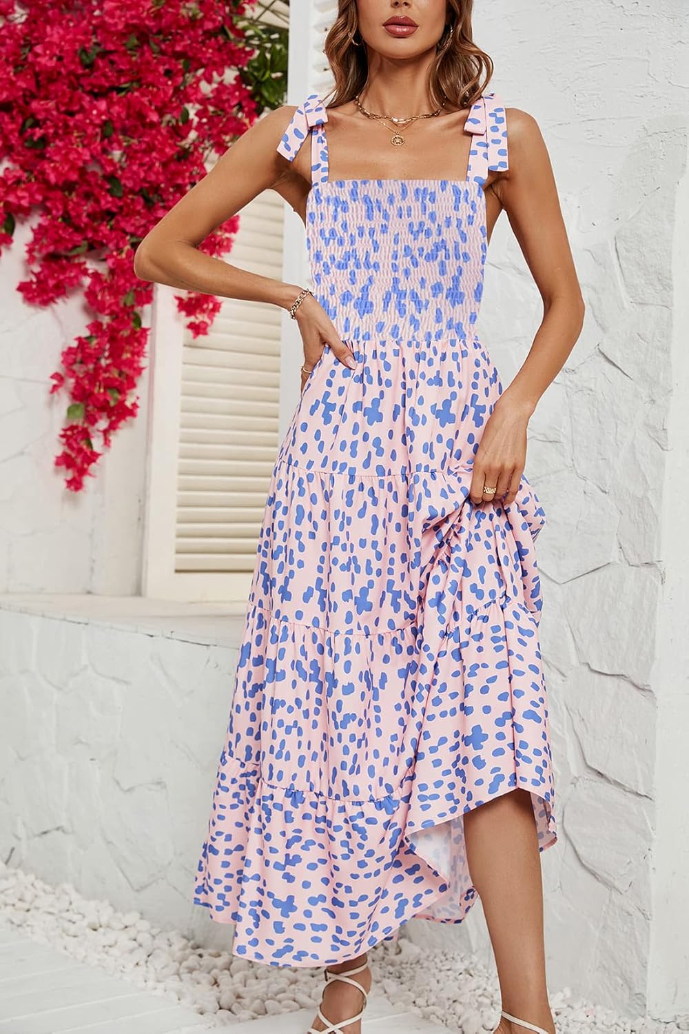 Women Summer Boho Spaghetti Strap Square Neck Ruffle Casual Flowy Long Dress Beach Swing Party Maxi Dress