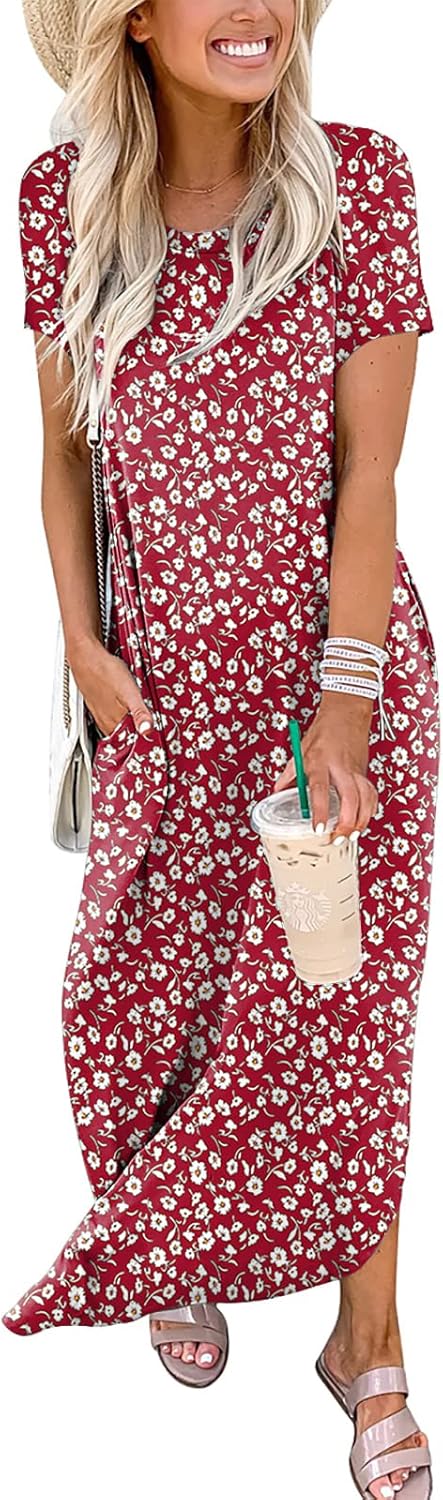 Women Summer Casual Loose Short Sleeve Long T Shirt Dress Split Maxi Beach Sundress Travel Vacation Outfits