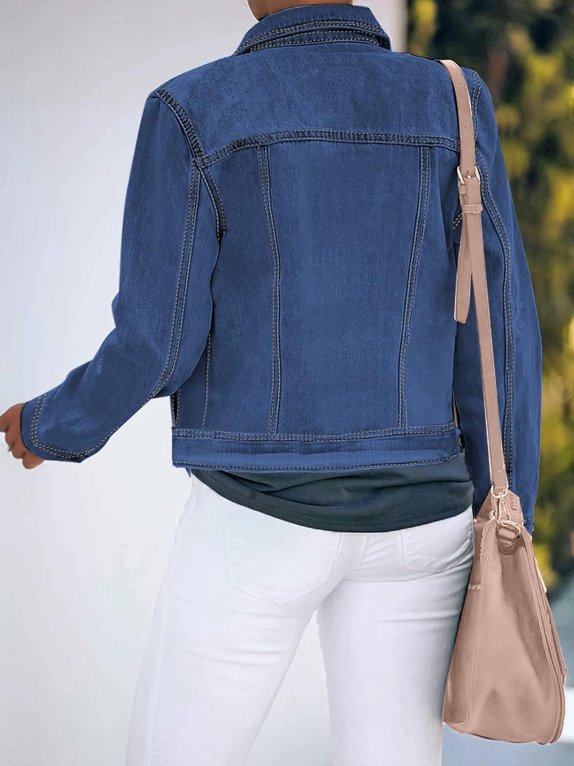 Women Basic Button Down Stretch Fitted Long Sleeves Denim Jean Jacket