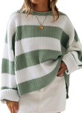 Women 2024 Fall Long Sleeve Crew Neck Striped Color Block Comfy Loose Oversized Knitted Pullover Sweater