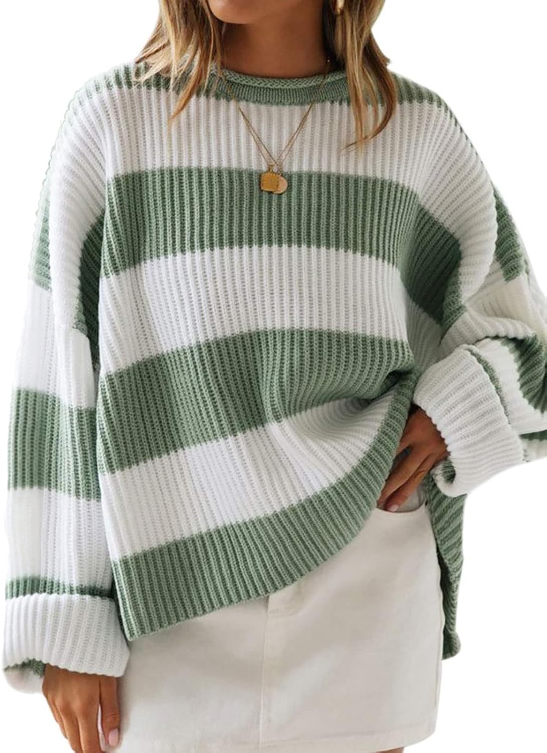 Women 2024 Fall Long Sleeve Crew Neck Striped Color Block Comfy Loose Oversized Knitted Pullover Sweater