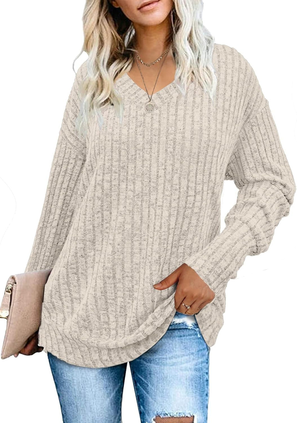 Women Sweatshirts V Neck Long Sleeve Shirts Loose Casual Fall Fashion Sweaters S-2XL