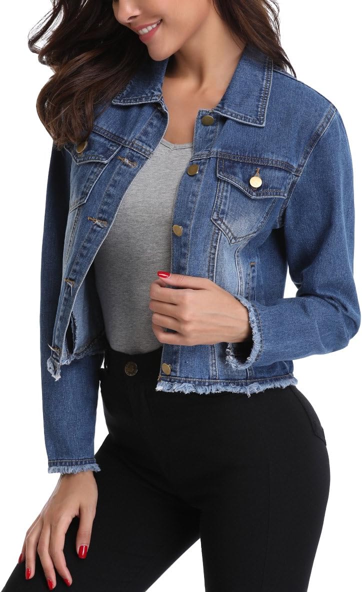 Jean Jacket Women’s Frayed Washed Button Up Cropped Denim Jacket w 2 Side Pockets