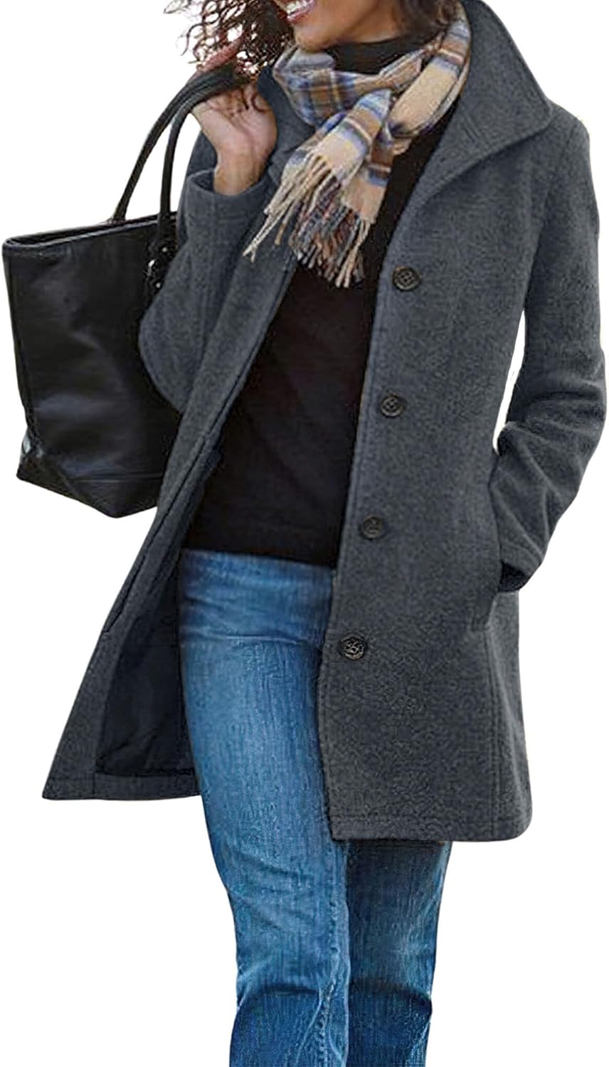 Women Casual Thicken Wool Blend Stand Collar Single Breasted Pea Coat