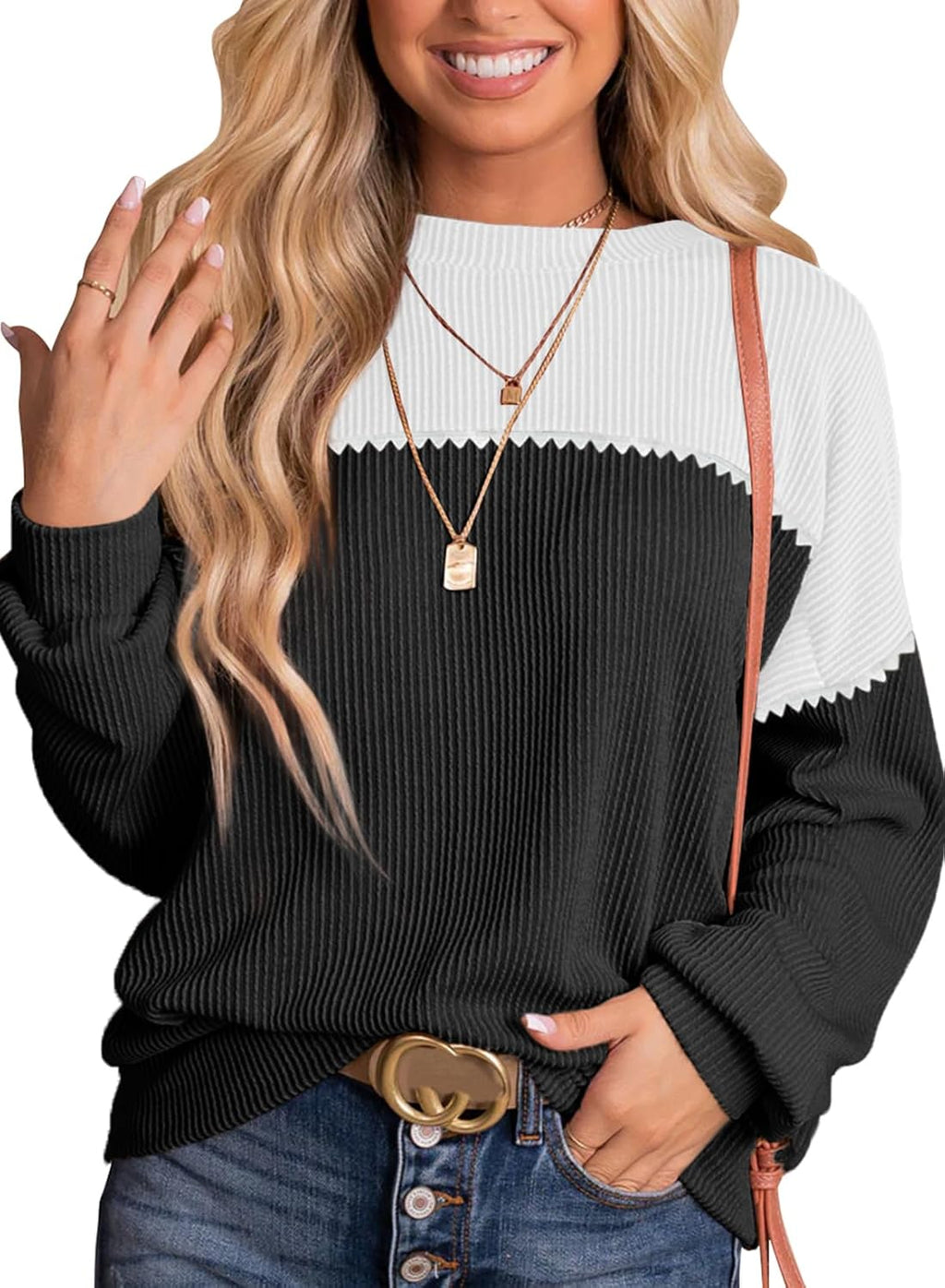 Women Fashion 2024 Color Block Long Sleeve Crewneck Knitted Casual Loose Pullover Shirts Tops