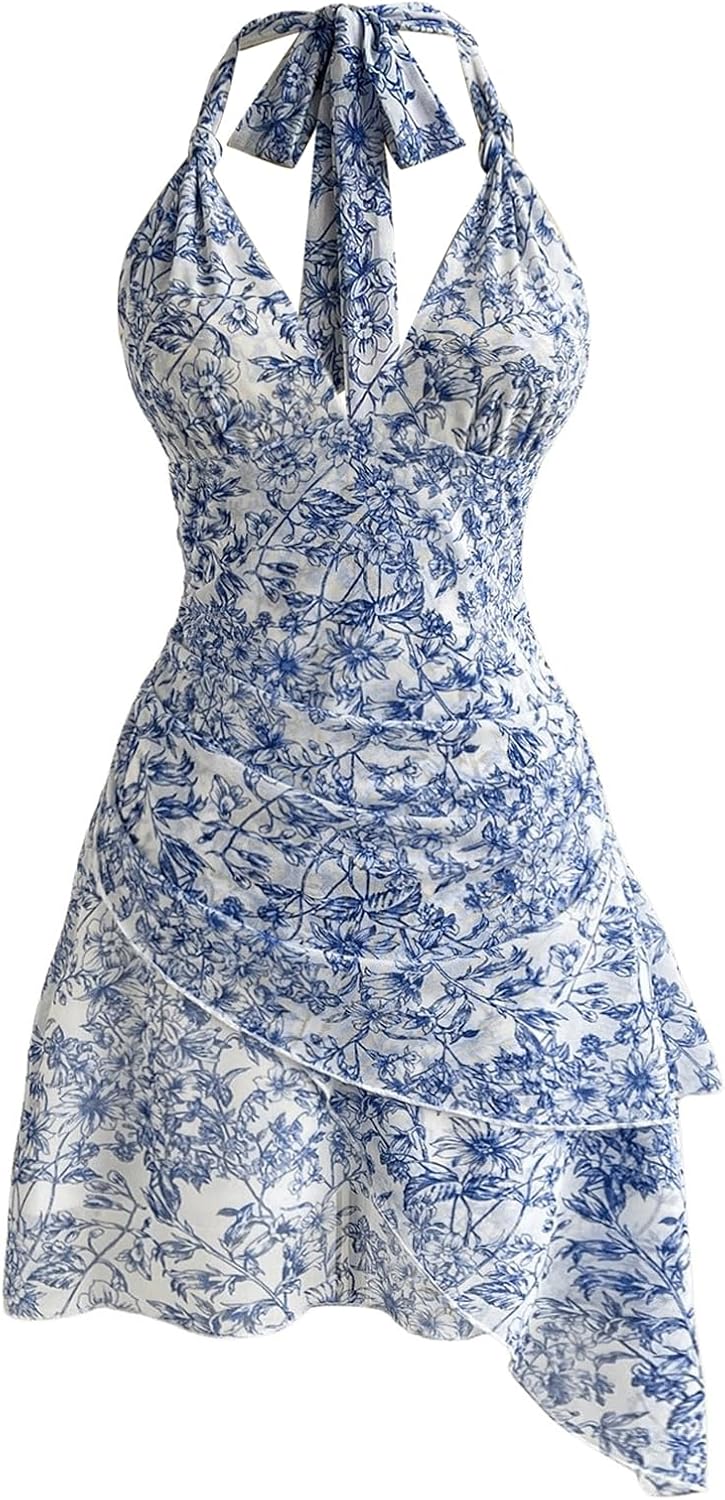 Women Floral Print Sleeveless Halter Deep V Tie Mini Dress Ruched Backless Slim Fit Cami Dresses Knot Boho Dress