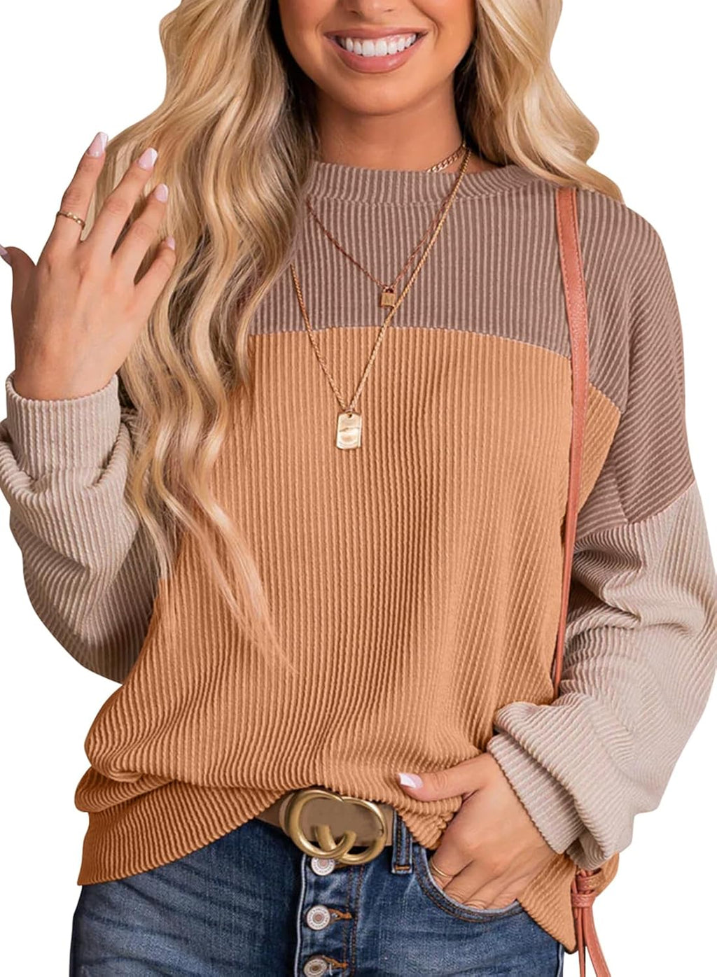 Women Fashion 2024 Color Block Long Sleeve Crewneck Knitted Casual Loose Pullover Shirts Tops