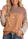 Women Fashion 2024 Color Block Long Sleeve Crewneck Knitted Casual Loose Pullover Shirts Tops