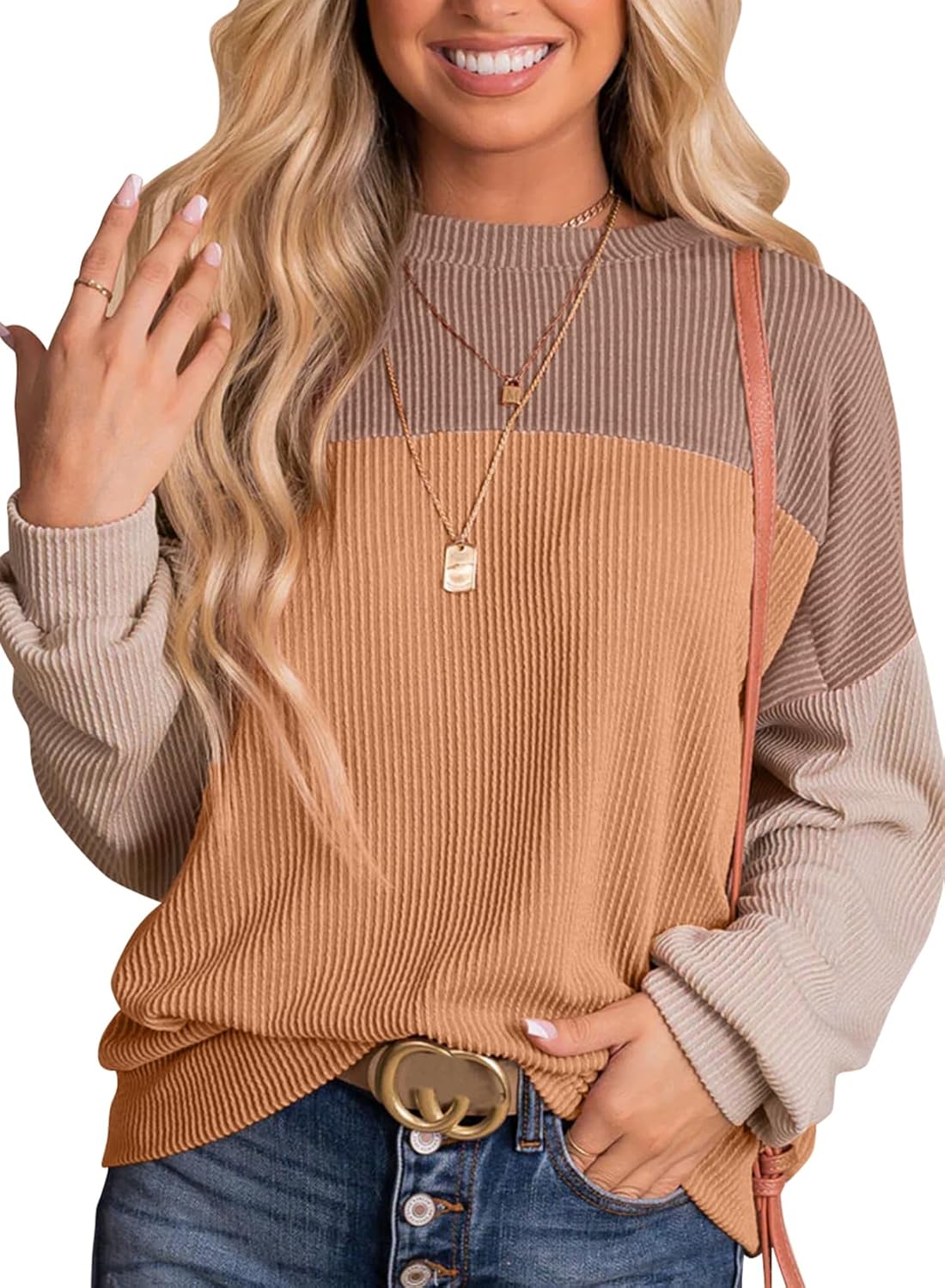 Women Fashion 2024 Color Block Long Sleeve Crewneck Knitted Casual Loose Pullover Shirts Tops