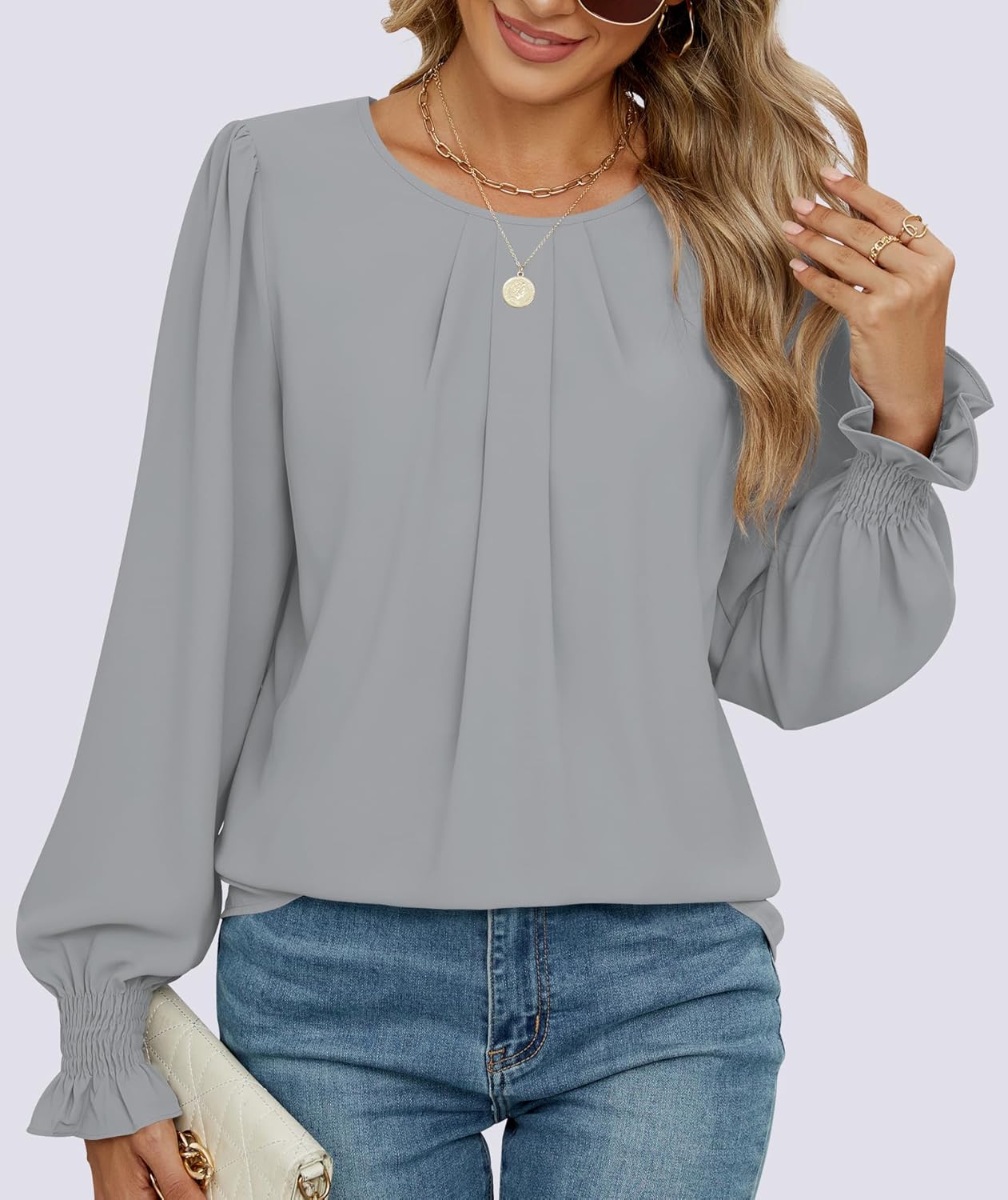 Women Tops Dressy Casual Smocked Long Sve Shirts Pleated Crew Neck Loose Chiffon Blouses Fall 2025