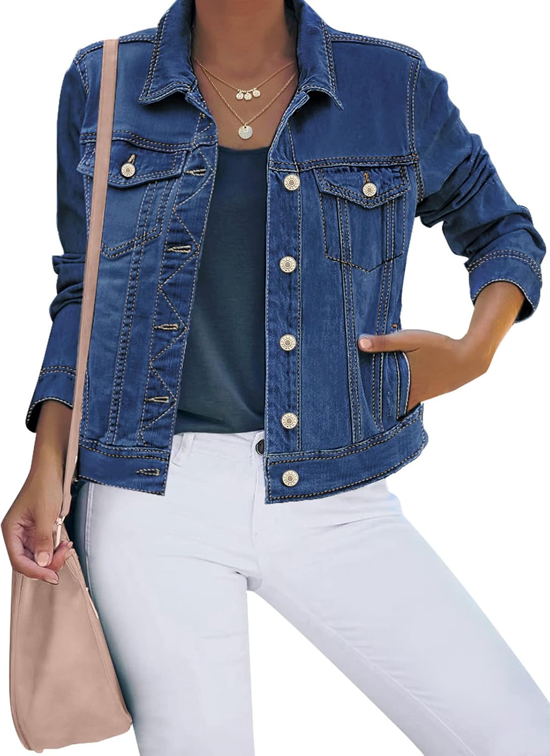 Women Basic Button Down Stretch Fitted Long Sleeves Denim Jean Jacket
